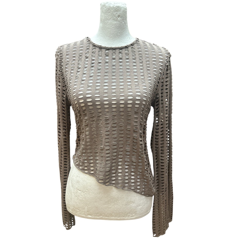 Just Polly New York Womens Large Taupe Perforated Asymmetrical Top JK16920 Brown
